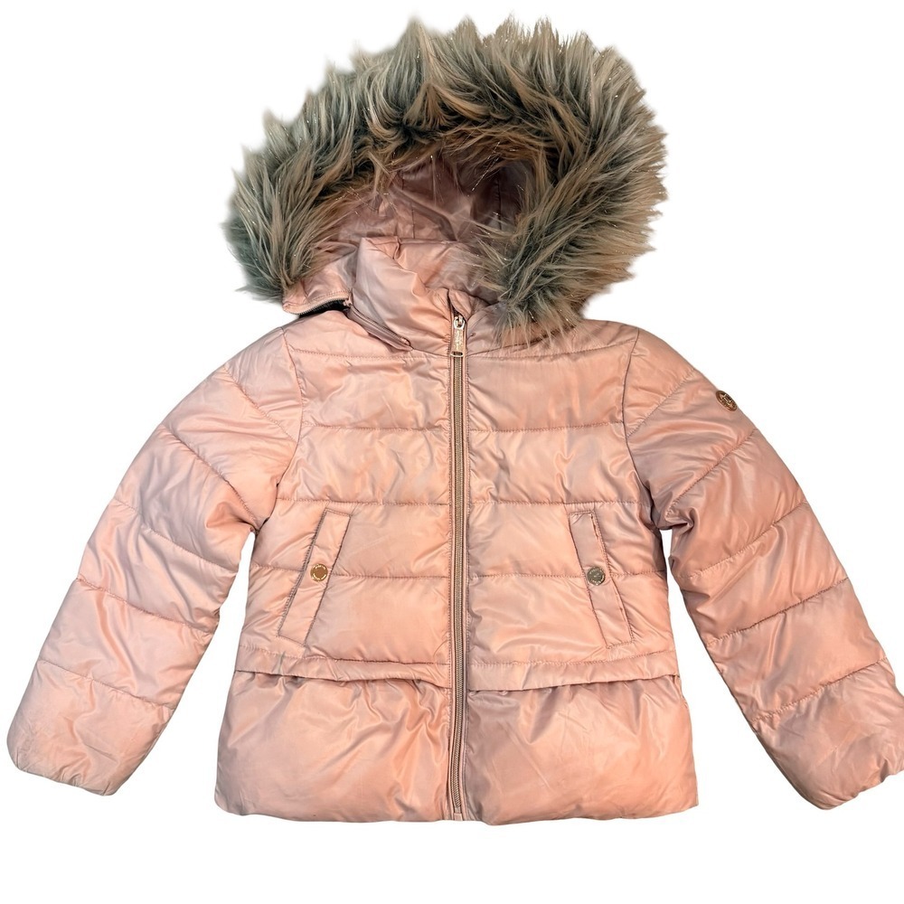 Michael Kors Puffer Jacket Pink Rose Gold Faux Fur Hood Puffer Kids Size 5/6